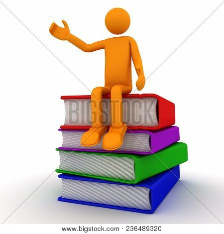 Man Sitting On Books. 3d Image Renderer