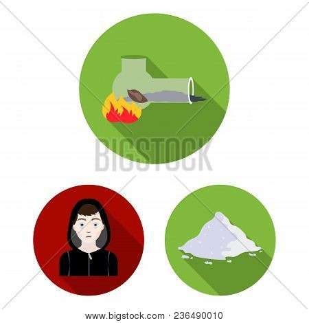 Drug Addiction And Attributes Flat Icons In Set Collection For Design. Addict And Drug Vector Symbol