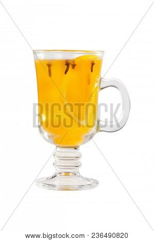 One-color Opaque Cocktail, Yellow Mulled Wine In A High Glass With A Handle With Spices And A Slice 