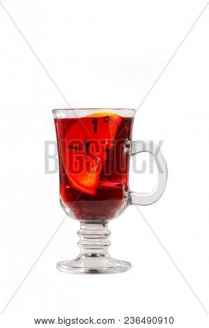 Monochrome Transparent Cocktail, Red Mulled Wine In A High Glass With A Handle With Spices And A Sli
