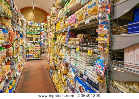 ROME, ITALY - CIRCA NOVEMBER 2017: inside Carrefour Express store in Rome. Carrefour Express is a convenience store chain owned and operated by French retailer Carrefour.