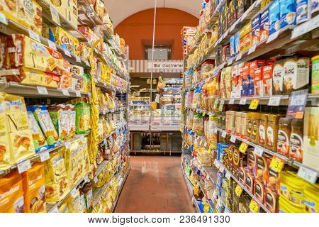 ROME, ITALY - CIRCA NOVEMBER 2017: inside Carrefour Express store in Rome. Carrefour Express is a convenience store chain owned and operated by French retailer Carrefour.