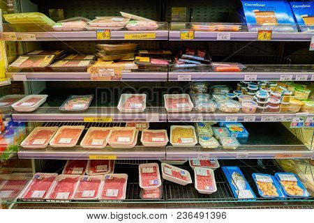 ROME, ITALY - CIRCA NOVEMBER 2017: food on display at Carrefour Express store in Rome. Carrefour Express is a convenience store chain owned and operated by French retailer Carrefour.