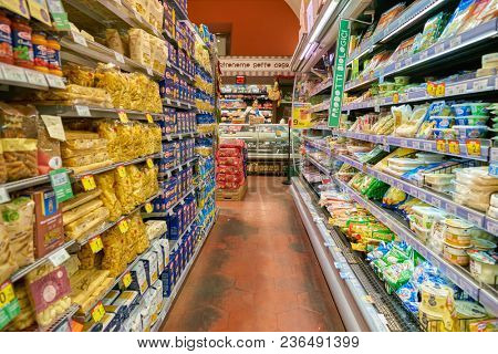 ROME, ITALY - CIRCA NOVEMBER 2017: inside Carrefour Express store in Rome. Carrefour Express is a convenience store chain owned and operated by French retailer Carrefour.