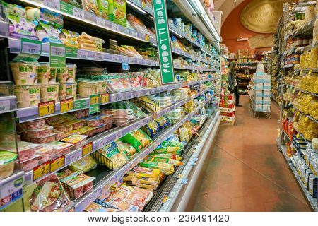 ROME, ITALY - CIRCA NOVEMBER 2017: inside Carrefour Express store in Rome. Carrefour Express is a convenience store chain owned and operated by French retailer Carrefour.