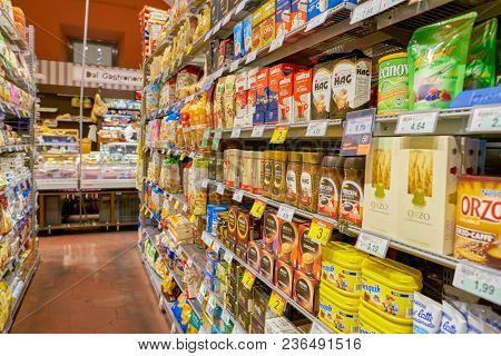 ROME, ITALY - CIRCA NOVEMBER 2017: inside Carrefour Express store in Rome. Carrefour Express is a convenience store chain owned and operated by French retailer Carrefour.