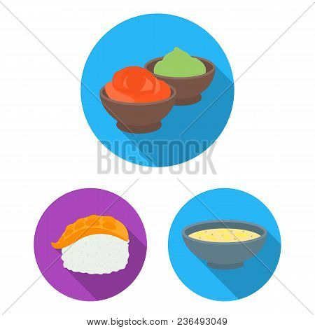 Sushi And Seasoning Flat Icons In Set Collection For Design. Seafood Food, Accessory Vector Symbol S