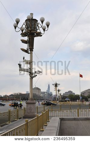Tiananmen Square Street Lamp With Many Observation Camera In Beijing