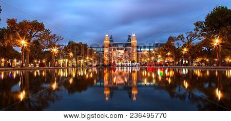 The Netherlands, Amsterdam. 23 January, 2015. The Rijksmuseum Amsterdam Museum Area With Pool And Th