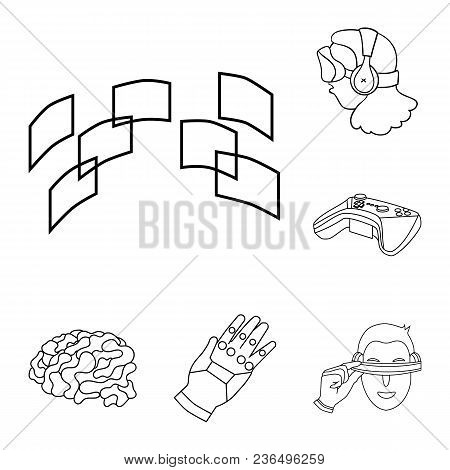 A Virtual Reality Outline Icons In Set Collection For Design. Modern Technology And Equipment Vector