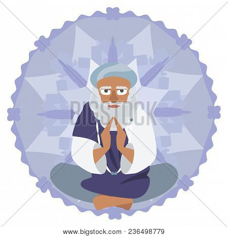 Oriental Sage At Mandala Background, Vector Cartoon Illustration In Flat Style