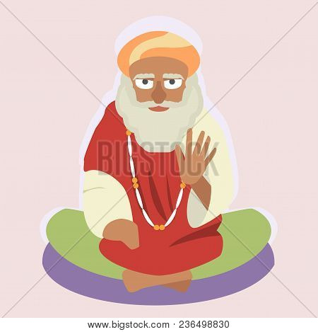 Oriental Sage In Sitting Pose , Vector Cartoon Illustration In Flat Style