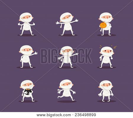 Mummy Halloween Set Child In Mummy Costume Trick Or Treat Collection Of Emotional Characters For Fes