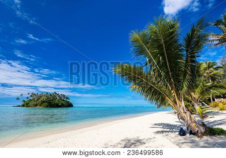 Beautiful tropical beach with palm trees, white sand, turquoise ocean water and blue sky at Cook Islands, South Pacific