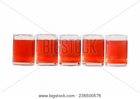 Monochrome Transparent Cocktails, A Set Of Shots In One Row, Five Servings, With A Taste Of Berries,