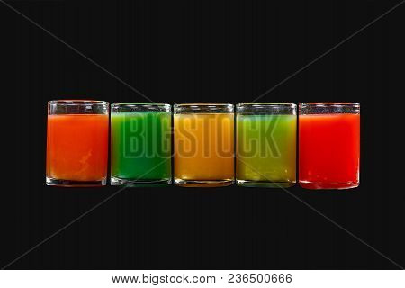 Multicolored Opaque Cocktails, A Set Of Shots In One Row, Five Servings, With A Taste Of Fruits, Veg