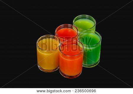 Multicolored Opaque Cocktails, A Set Of Shots A Handful, Five Servings, With A Taste Of Fruits, Vege