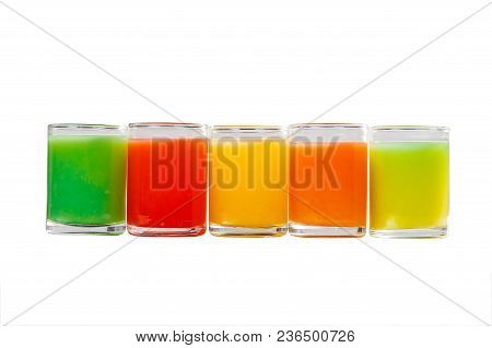Multicolored Opaque Cocktails, A Set Of Shots In One Row, Five Servings, With A Taste Of Fruits, Veg