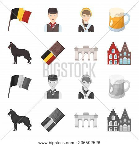 Chocolate, Cathedral And Other Symbols Of The Country.belgium Set Collection Icons In Cartoon, Monoc