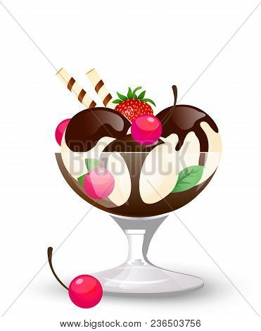 Cream Ice Cream In Cup. Vector Illustration, Isolated On White Background