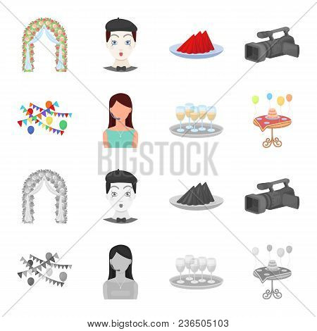 Garland With Flags And Balls, Leading Celebration With A Microphone, A Tray With Glasses With Champa