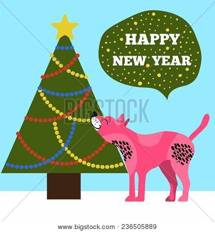 Happy New Year Poster With Evergreen Christmas Tree With Colorful Garlands, Topped By Golden Star Ve