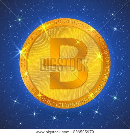 Realistic Gold Bytecoin Icon In Space. Cryptocurrency.  Digital Currency. Virtual Money. Golden Coin