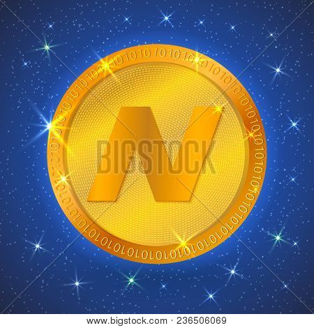 Realistic Gold Navcoin Icon In Space. Cryptocurrency.  Digital Currency. Virtual Money. Golden Coins