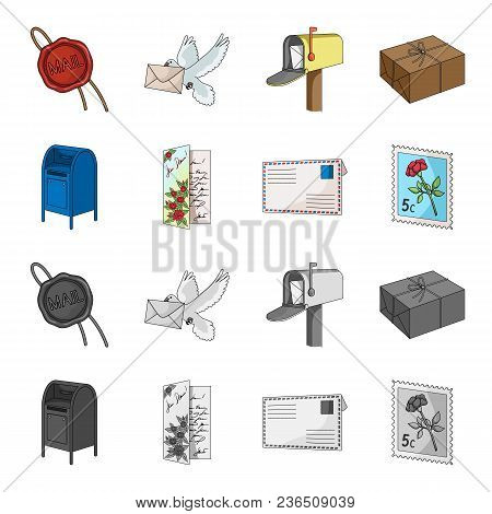 Mailbox, Congratulatory Card, Postage Stamp, Envelope.mail And Postman Set Collection Icons In Carto