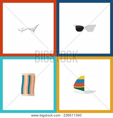 Icon Flat Beach Set Of Sunbed, Sunglasses, Sailboard And Other  Objects. Also Includes Towel, Sailbo