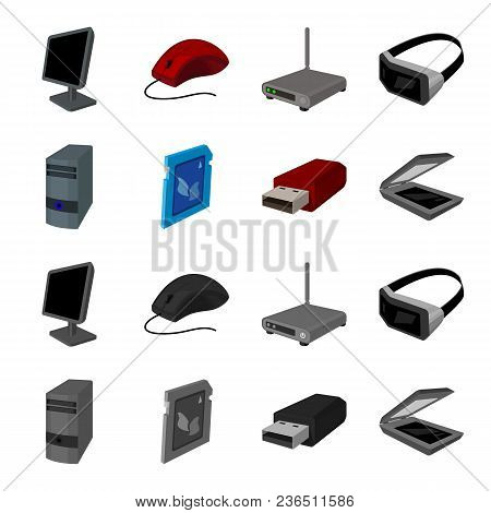 A System Unit, A Flash Drive, A Scanner And A Sd Card. Personal Computer Set Collection Icons In Car