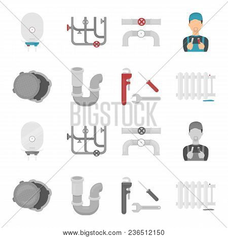 Sewage Hatch, Tool, Radiator.plumbing Set Collection Icons In Cartoon, Monochrome Style Vector Symbo