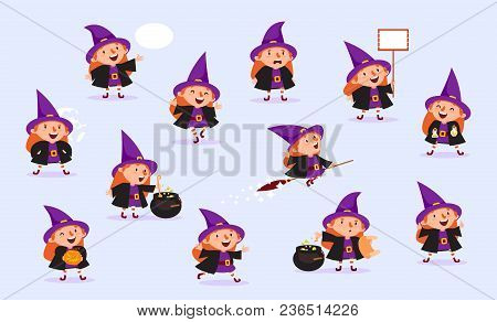 Witch Halloween Girl In Witch Costume With Pumpkin, Potty For Potion, With Poster, With Speech Bubbl