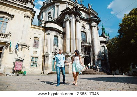 Young Lovers Couple Walks In Their Hands, Cheerful Lovers Dreaming, Walk The City, Set.