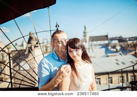 Young Lovers Couple Walks In Their Hands, Cheerful Lovers Dreaming, Walk The City, Set.