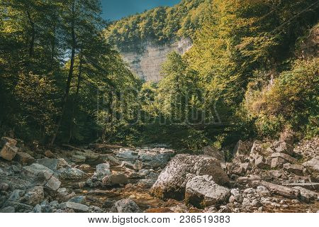 Okatse River In Summer Rocky Landscape. Khoni District Near Kutaisi In Imereti Region In Georgia. Ro