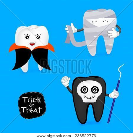 Halloween Concept Of Teeth Character Set. Funny Tooth Illustration, Dracula, Ghost And Mummy Isolate