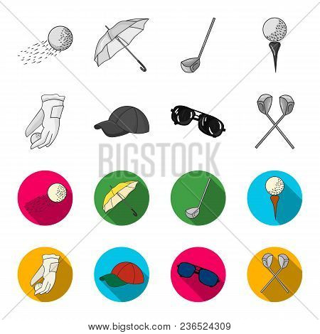 A Glove For Playing Golf With A Ball, A Red Cap, Sunglasses, Two Clubs. Golf Club Set Collection Ico