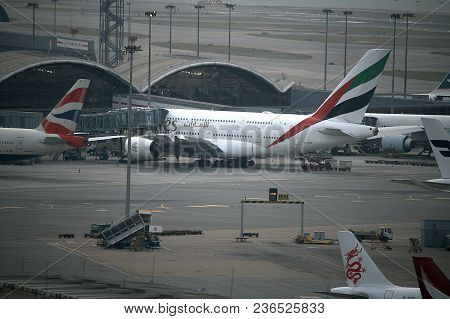 Emirates Airbus A380-842 Parked At Chek Lap Kok Airport In Hong Kong On 25 ‎march ‎2018, ‏‎17:43