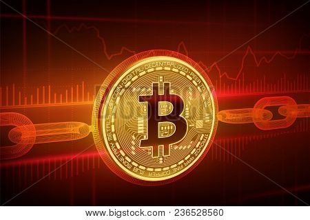 Crypto Currency. Block Chain. Bitcoin. 3d Isometric Physical Golden Bitcoin With Wireframe Chain. Bl