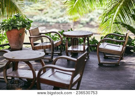 The Old Table In Restaurant Nearby Mekong River For Breankfast And Coffee Time To Enjoy The Atmosphe