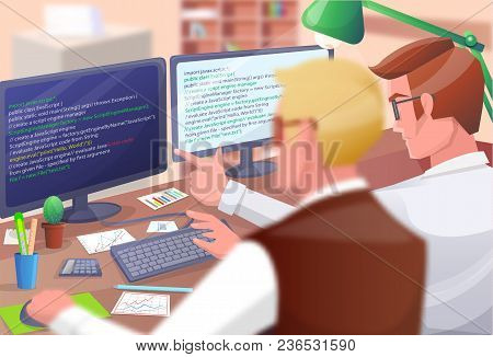 Web Developers Poster, Programmers Looking At Coding And Trying To Improve It, Office With Lamp, Pap