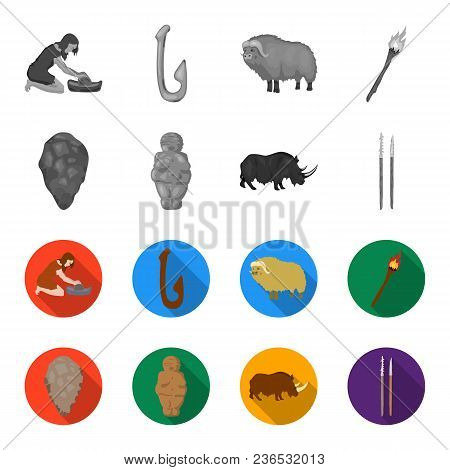 Primitive, Woman, Man, Cattle .stone Age Set Collection Icons In Monochrome, Flat Style Vector Symbo