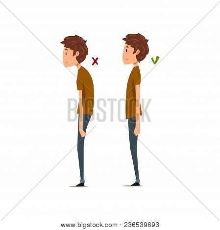 Correct And Wrong Posture, Side View Vector Illustration Isolated On A White Background.