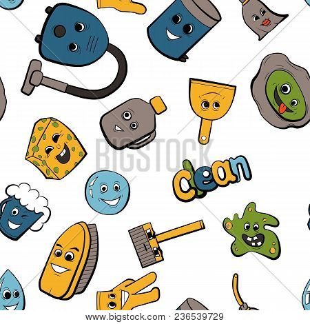 Wallpaper With Cartoon Objects For Cleaning. Seamless Pattern Background Vector Illustration.