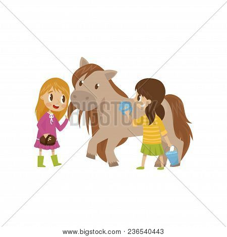 Cute Litlle Girls Taking Care Of They Horse, Equestrian Sport Concept Cartoon Vector Illustration Is