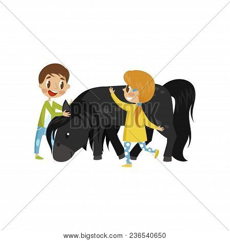 Litlle Kids Taking Care Of They Horse, Equestrian Sport Concept Cartoon Vector Illustration Isolated