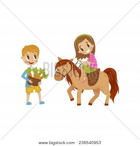 Cute Litlle Girl Riding A Horse, Boy Standing Next To The Horse With Basket Of Carrots, Equestrian S