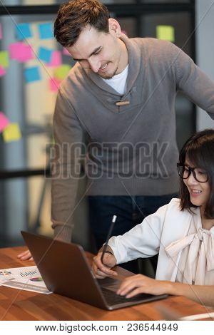 Business People Are Discussing About Their Work. Happy Boss Is Talking To Employee At Workplace. Set