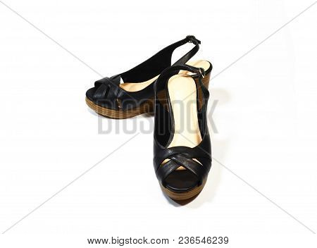 Pair Of Luxury Woman Black High-heel Shoes, Slingback Shoes, Chunky Heel Shoes, Isolated On White Ba